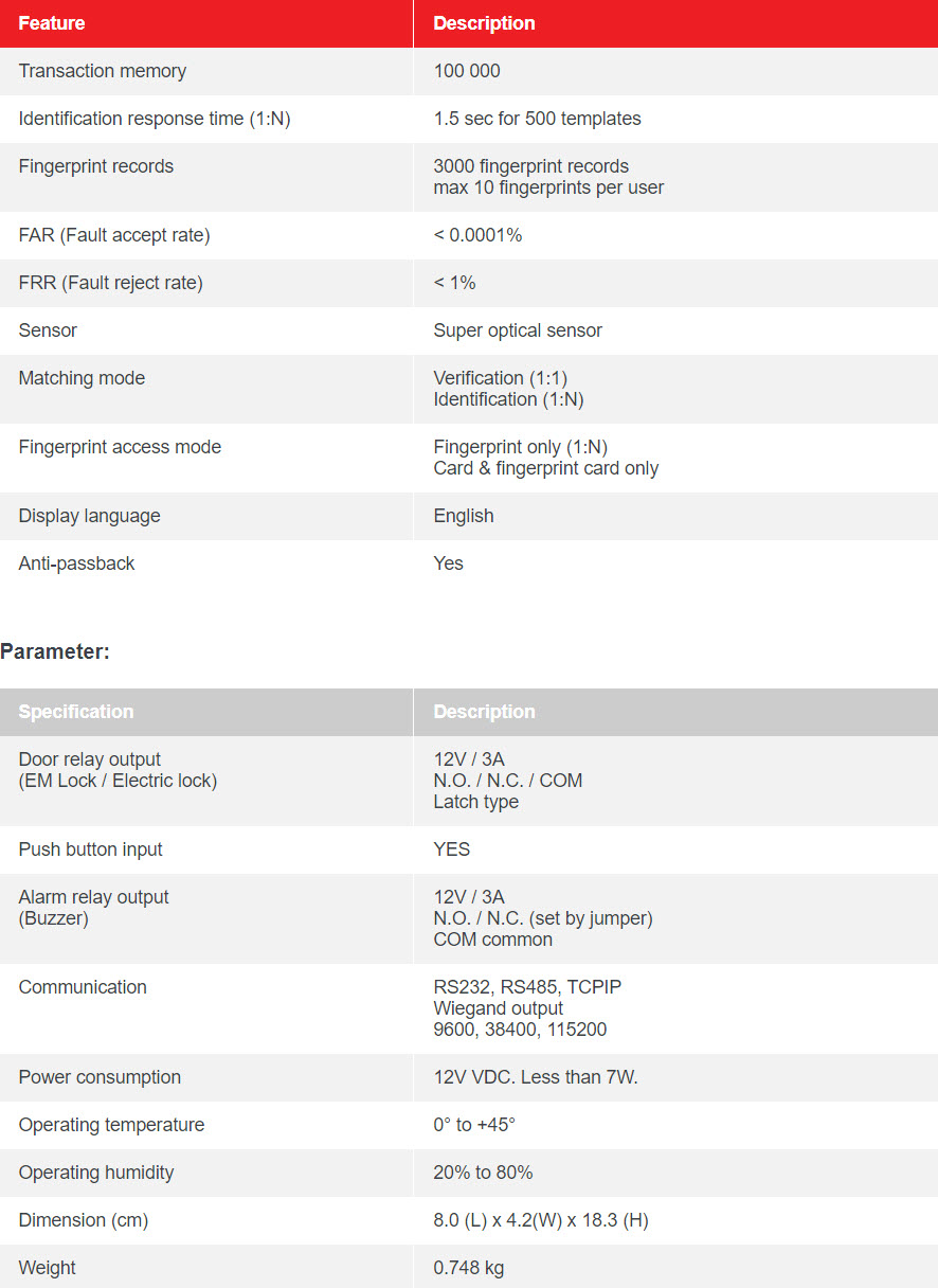 VG818 – VIGILANCE COLOUR SCREEN FINGERPRINT READER